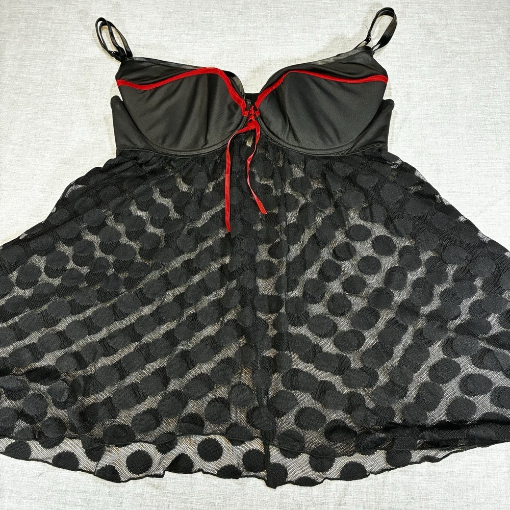 Cacique 22/24 Babydoll Sheer Red Black Silk Polka Dots Underwire Lingerie Ribbon